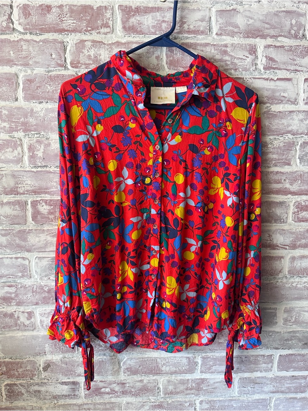 Anthropologie Red Floral Tie-Cuff Button-Up Blouse